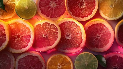 Close-up of a variety of citrus fruits, including grapefruit, orange, and lime.