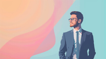 A stylish young businessman in a suit stands confidently against a gradient pastel background.