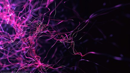 A visually compelling plexus of magenta and violet lines and nodes that twist and turn on a black background featuring a significant amount of copy space for text integration