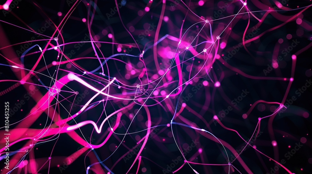 Fototapete A visually striking plexus of magenta and violet lines and nodes that twist and turn on a jet-black background including a significant amount of copy space for text integration