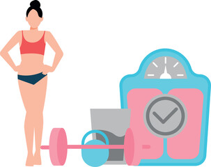 The girl is standing next to the weight machine.