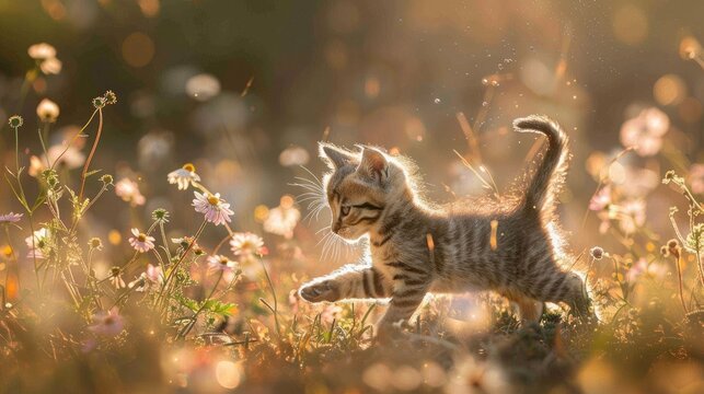 Cute kitten running in a field of flowers on a sunny day