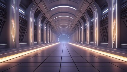 Futuristic architecture background empty geometric interior with glowing lamps in dark tunnel 3d...