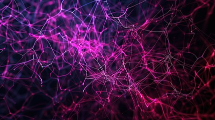 A visually striking plexus of magenta and violet lines and nodes that twist and turn on a jet-black background including a significant amount of copy space for text integration