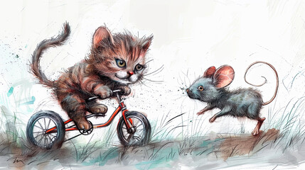 A kitten on a bicycle surprising a mouse
