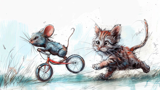 A cat chasing a mouse on a bicycle