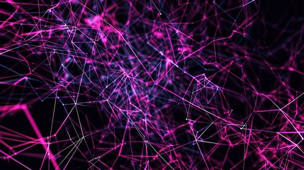 A visually striking plexus of magenta and violet lines and nodes that twist and turn on a jet-black background including a significant amount of copy space for text integration