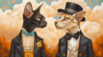 Two cats dressed up and getting married