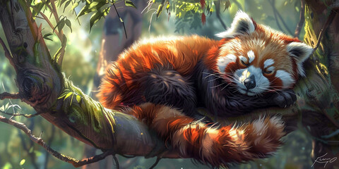 An image of an adorable red panda lounging in a tree, with its fluffy fur and bushy tail wrapped...