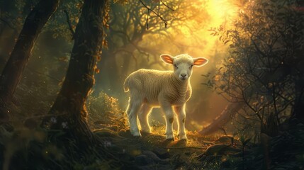 majestic lamb standing in a mystical forest at sunset christian symbol of innocence and sacrifice digital painting
