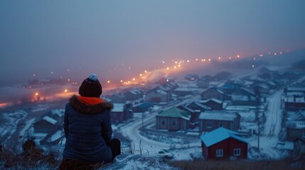 The image shows a person sitting on a hill and looking at a small town in the distance. The town is covered in snow and the sky is dark. The image is peaceful and serene.