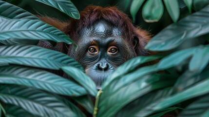 majestic orangutan peering through lush jungle foliage closeup portrait - obrazy, fototapety, plakaty