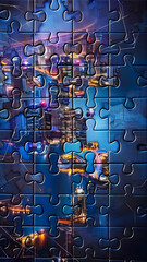 a giant puzzle forming the backdrop, with each piece representing a key aspect of the
