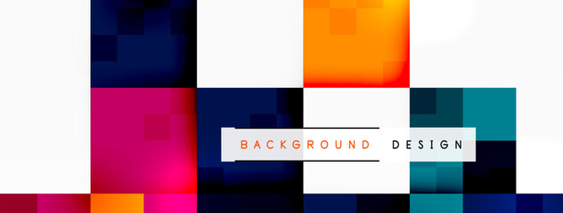 A vibrant pattern of squares in electric blue, magenta, and carmine shades on a white background. The symmetry and graphics create a bold brand statement