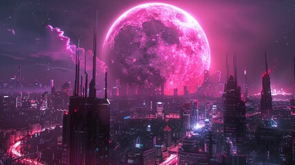 Fototapeta premium In the neon haze of technological blur, businesses flourish under the pink supermoons watch