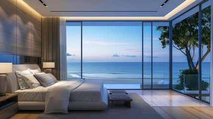 modern luxury bedroom interior with ocean view landscape architectural rendering