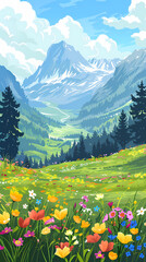 Panoramic view of big mountains and beautiful meadows with flowers. Flat cartoon landscape with nature Stock vector illustration