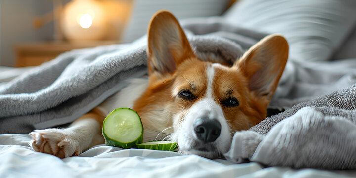 Cute homemade corgi puppy lies in a white fluffy blanket