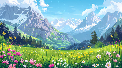 Fototapeta premium Panoramic view of big mountains and beautiful meadows with flowers. Flat cartoon landscape with nature Stock vector illustration