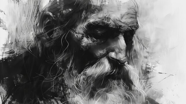 mystical bearded sage introspective black and white portrait sketch