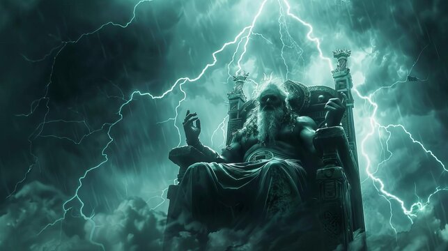 mythological god sitting on throne in dark stormy sky dramatic fantasy illustration