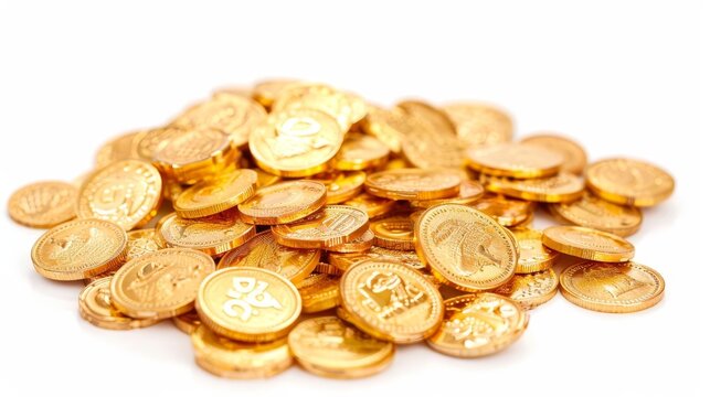 overflowing pile of shiny gold coins and precious treasure abundance and wealth concept isolated on white background