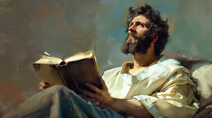 pensive evangelist with book in hand biblical character portrait digital painting