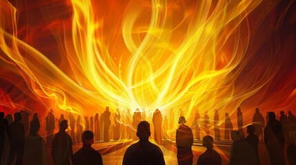 pentecost sunday the holy spirit descending as tongues of fire rear view of believers digital religious illustration