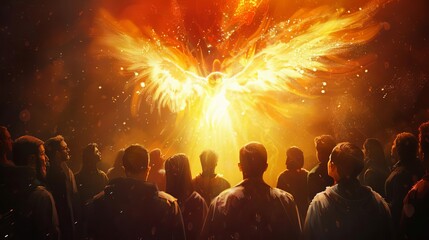pentecost sunday the holy spirit descending as tongues of fire rear view of believers digital religious illustration