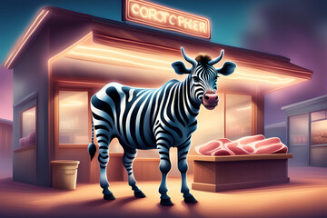 A zebra-striped cow stands in front of a butcher shop