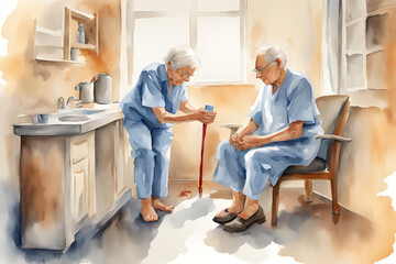 an elderly person, in their home, Podiatrist attending to their foot, isolated on light background