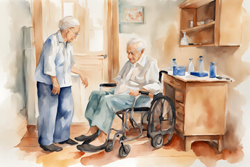 an elderly person, in their home, Podiatrist attending to their foot, isolated on light background