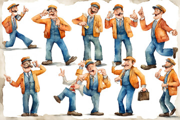 bus conductor middle aged caucasian man looking happy funky in various fun poses hyper