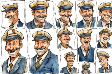 bus conductor middle aged caucasian man looking happy funky in various fun poses hyper