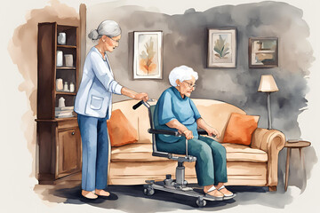 Cartoon vector illustration of Side view of an elderly person, in their home, Physiotherapist helping them with balance, isolated on dark background