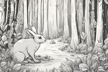 Illustration a sad rabbit in an enchanted forest
