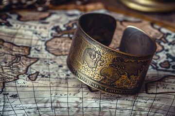 An ornate cuff bracelet with etchings of ancient script, lying on a map of the world