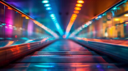 Vividly colored moving walkway in a futuristic setting, illuminated by vibrant neon lights creating a dynamic perspective, futuristic neon-lit moving walkway perspective.