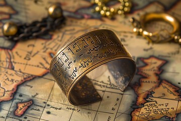 An ornate cuff bracelet with etchings of ancient script, lying on a map of the world
