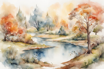 magic media - water color fanciful landscape made with light-colored watercolor paintings with white background (2)