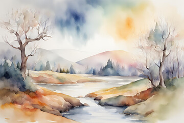 magic media - water color fanciful landscape made with light-colored watercolor paintings with white background