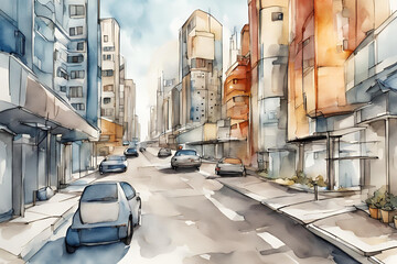 water color Future city close-up clean street with few simple elements