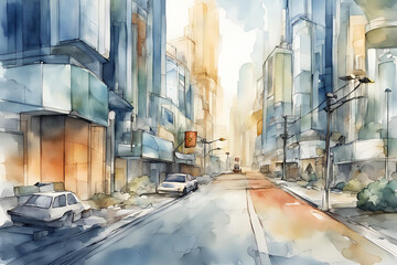 water color Future city close-up clean street with few simple elements