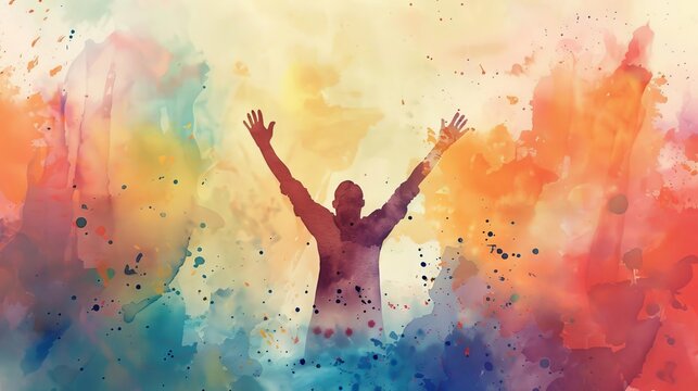 silhouette of a man worshipping with raised hands on abstract watercolor background concept illustration