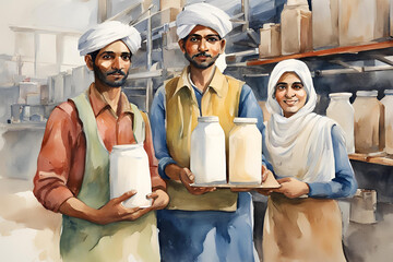 water color Indian and Arab workers holding milk boxes inside factory