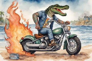 water color man aligator wearing jeans, with tattoos all over, wearing jeans, long hair, on a motorcycle, holding a beer, with fire and smoke , in a 4 dimensional world, on a beach in outline