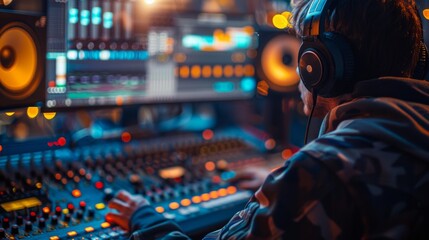 A focused sound engineer in headphones adjusts settings on a sophisticated mixing console in a professional recording studio, sound engineer operating music studio equipment. - Powered by Adobe