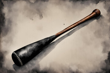 water color one horizontally dark wooden baseball bat with smooth leather grip hanging on wall black background