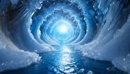中央から青い光、雪のように細かく砕いた氷と渦巻く水流の背景、視覚的に見やすい背景で幻想的 Generated by AI