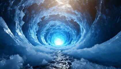 中央から青い光、雪のように細かく砕いた氷と渦巻く水流の背景、視覚的に見やすい背景で幻想的 Generated by AI
